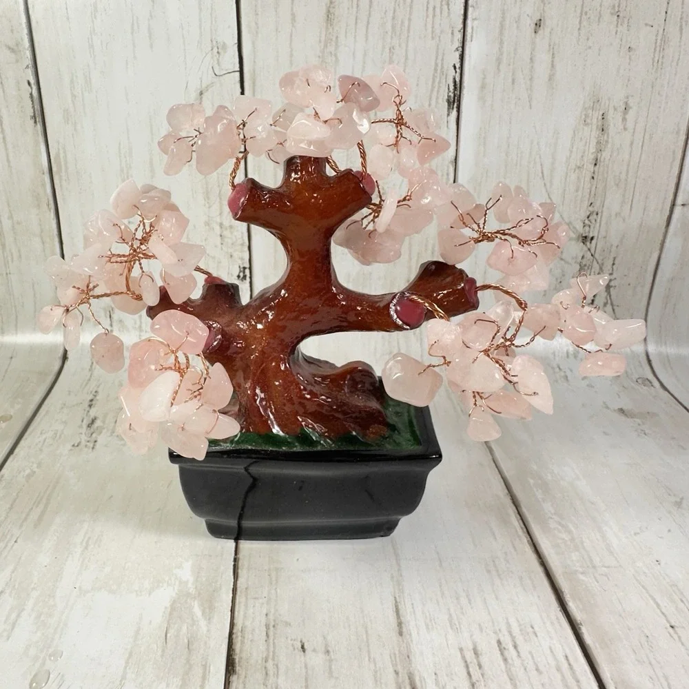 Feng Shui Natural Rose Pink Quartz Crystal Money Tree Bonsai Style Decoration Fo